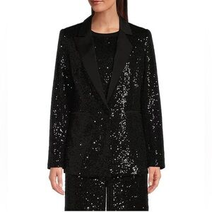 Gibson Latimer Long Sleeve Satin Contrast Sequin Knit Coordinating Blazer